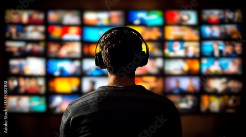 Man with headphones watching diverse video content on a large screen.