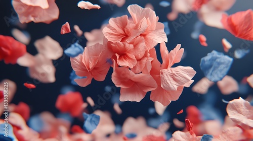 Pink and blue petals falling.