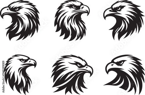 Premium Eagle Head Logo Set – Black and White Silhouette Vector Design on White Background