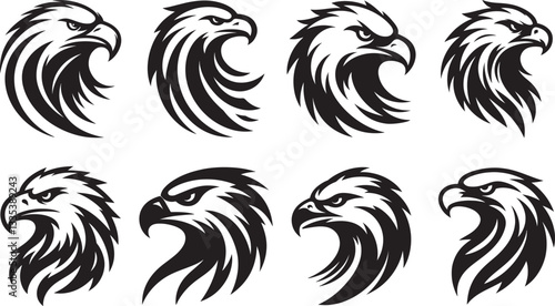 Set of Black and White Eagle Head Silhouette Logos – High-Quality Vector Illustrations
