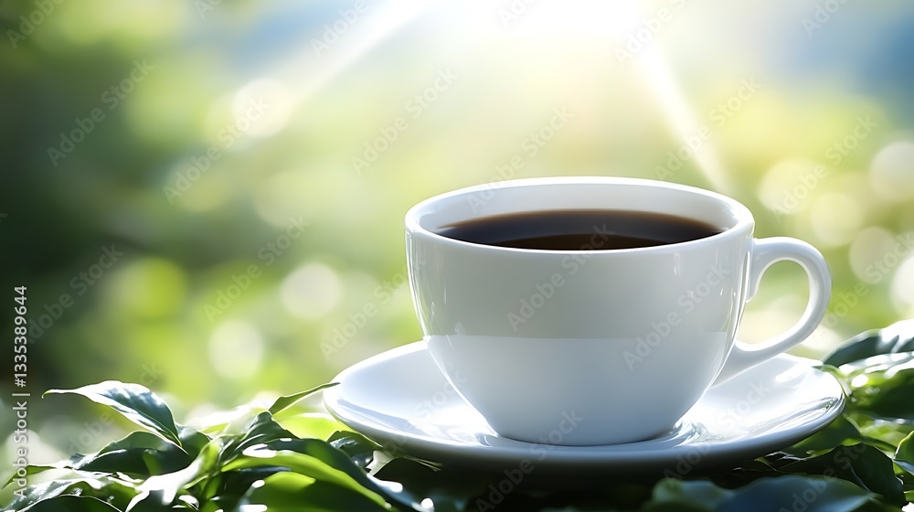 Fototapeta premium A steaming cup of coffee outdoors on a sunny day.