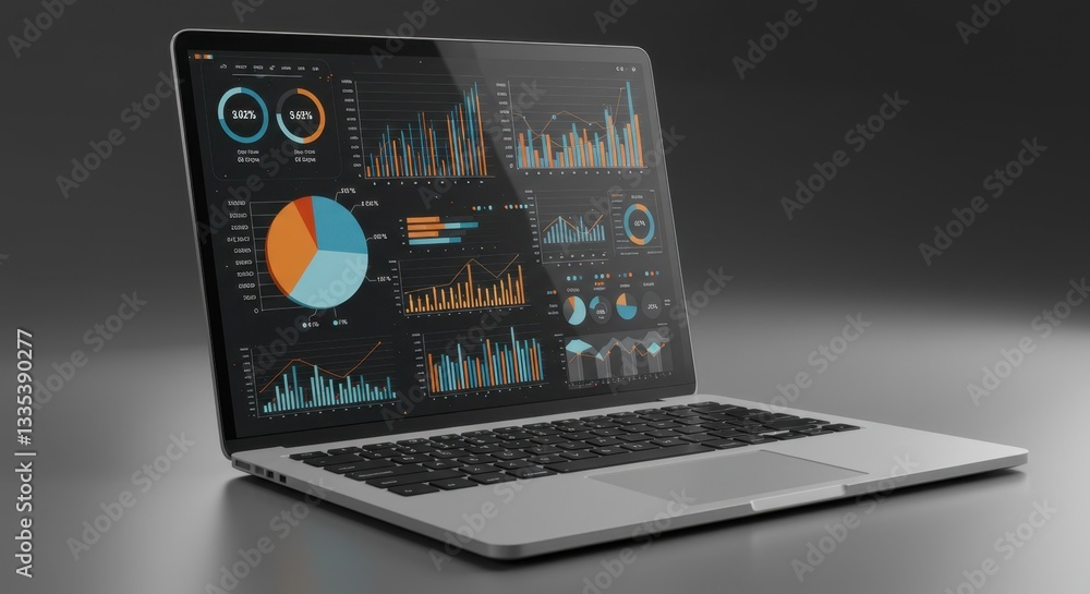Fototapeta premium 3D Rendered Laptop Displaying Dynamic Analytical Data Graphics