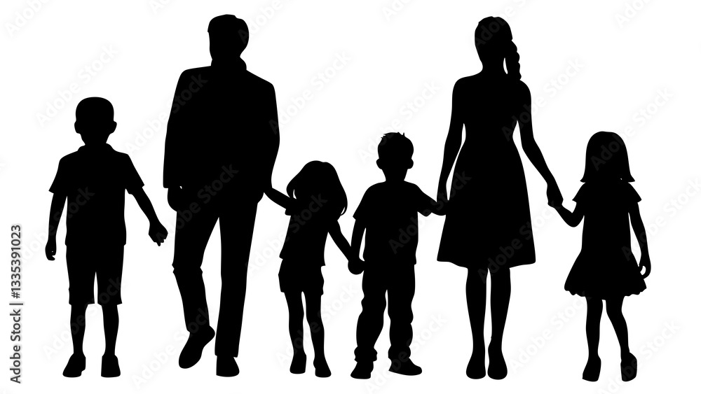 Black Silhouette of a Happy Family Holding Hands – Parents with Two Children, Symbolizing Love, Unity, and Togetherness Black Silhouette of a Happy Family Holding Hands – Parents with Two Children, Symbolizing Love, Unity, and Togetherness