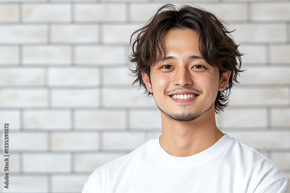 A young man smiles confidently against a neutral brick wall, showcasing his relaxed demeanor and stylish appearance. Perfect for lifestyle and personal branding visuals. A young man smiles confidently against a neutral brick wall, showcasing his relaxed demeanor and stylish appearance. Perfect for lifestyle and personal branding visuals.