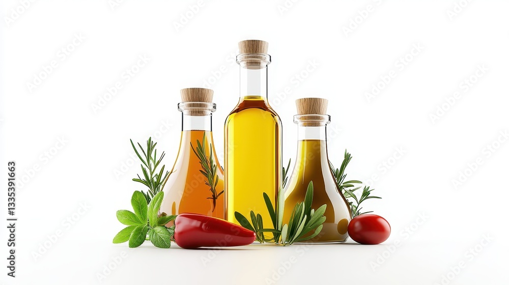 Three Bottles Of Cooking Oil With Herbs And Red Peppers Three Bottles Of Cooking Oil With Herbs And Red Peppers
