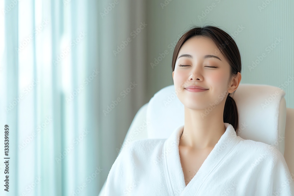 A serene young woman relaxes in a comfortable robe, embodying tranquility and peace in a bright, softly lit room A serene young woman relaxes in a comfortable robe, embodying tranquility and peace in a bright, softly lit room