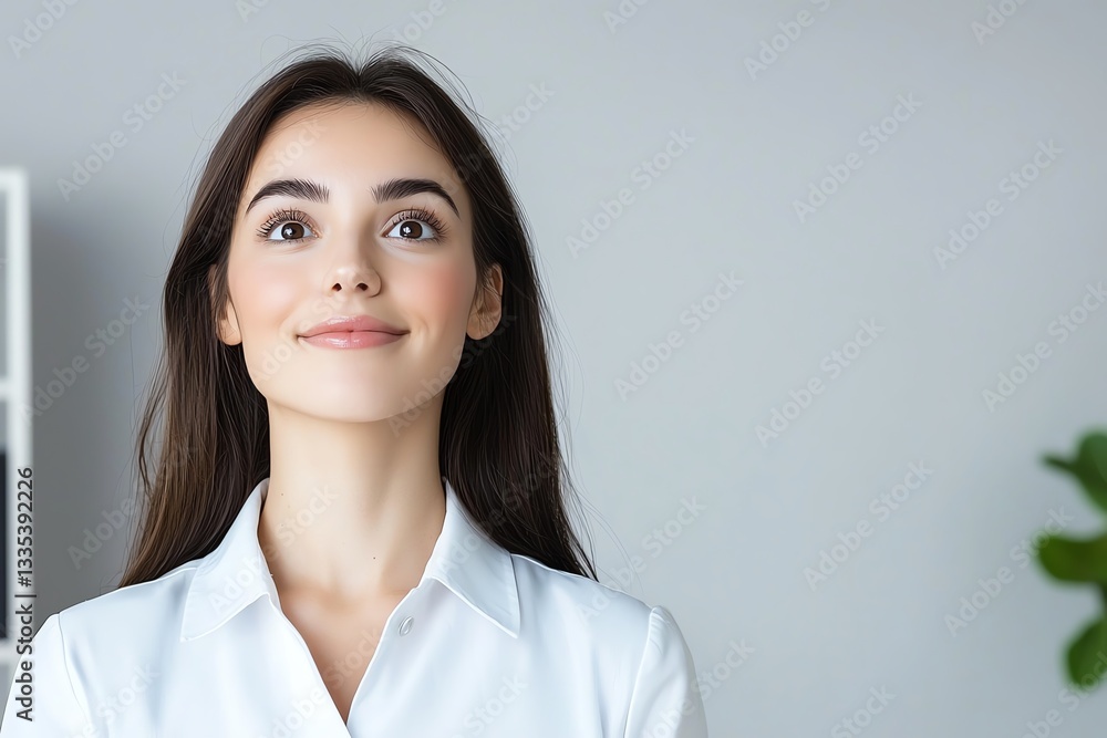 A confident young woman wearing a white shirt, smiling warmly, showcasing a positive attitude and professionalism in a modern office environment. A confident young woman wearing a white shirt, smiling warmly, showcasing a positive attitude and professionalism in a modern office environment.
