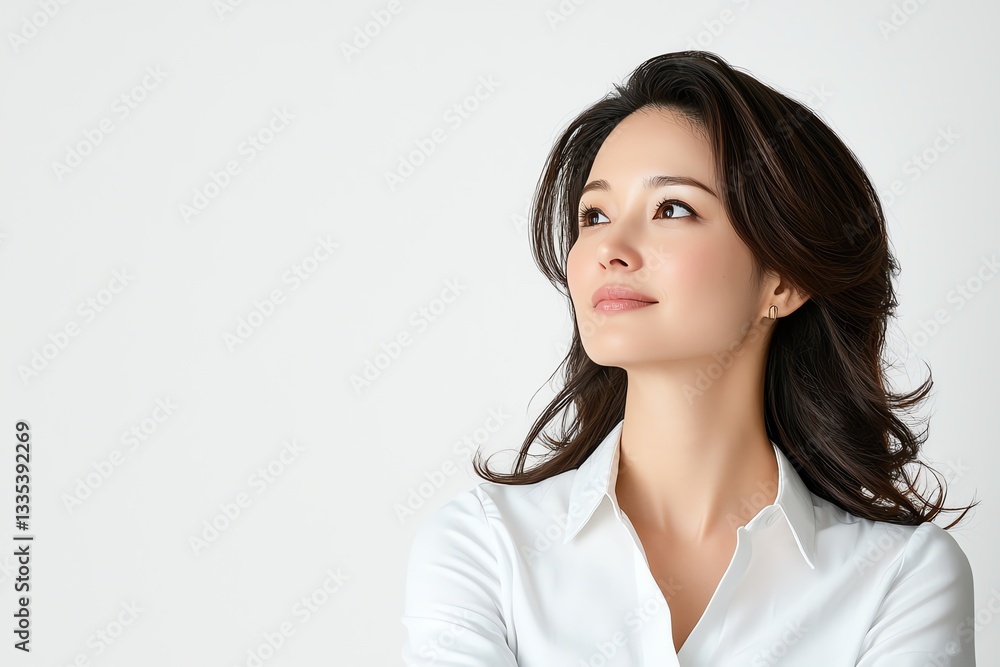 A serene woman with long hair gazes thoughtfully into the distance. Her expression reflects calmness and introspection, ideal for themes of self-reflection and inner peace. A serene woman with long hair gazes thoughtfully into the distance. Her expression reflects calmness and introspection, ideal for themes of self-reflection and inner peace.