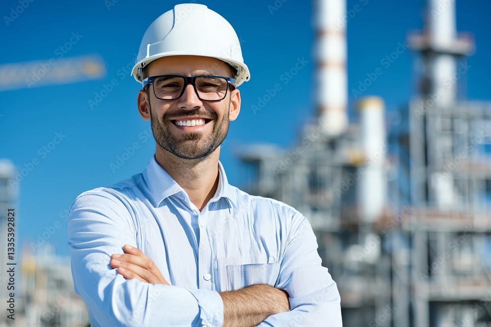 Confident engineer smiling at a construction site with industrial structures in the background