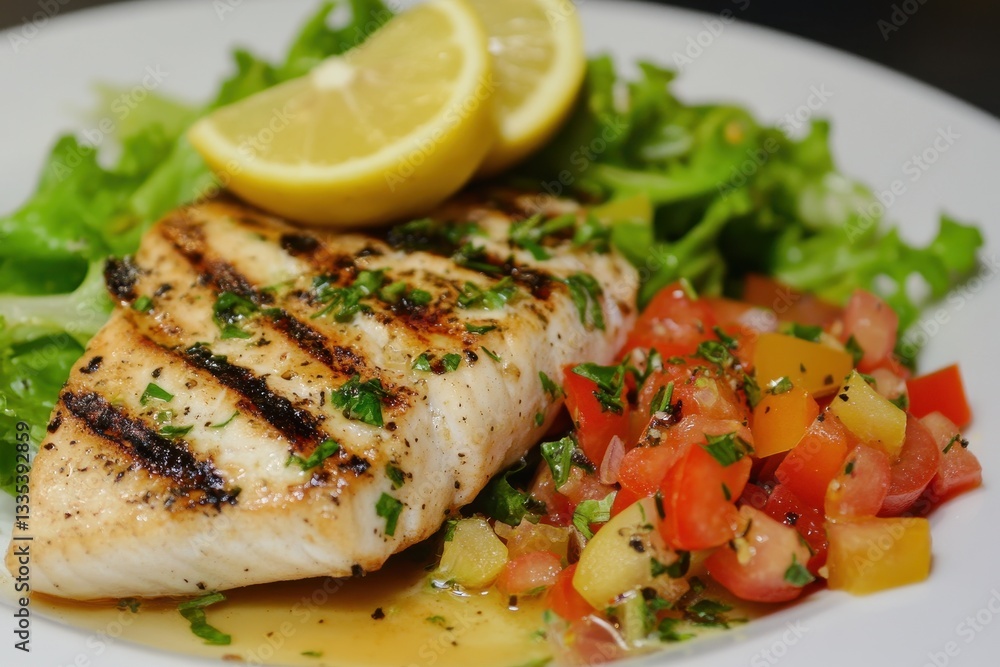 Swordfish vegetable salad with tomato and lemon on a white plate Healthy meal Above Swordfish vegetable salad with tomato and lemon on a white plate Healthy meal Above