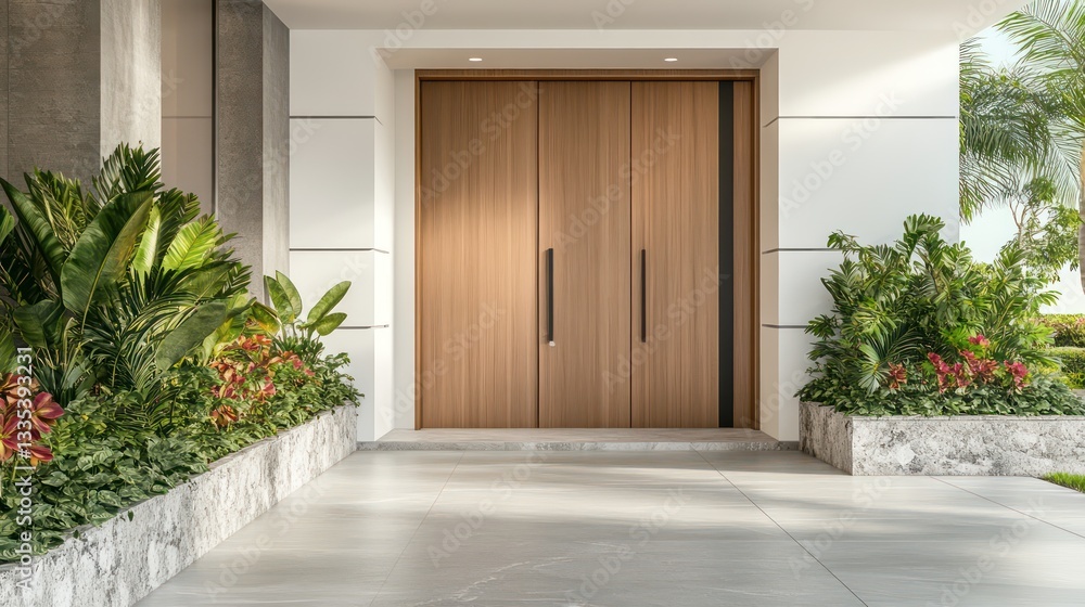 A modern home with a sleek oak front door, white walls, and warm wooden accents