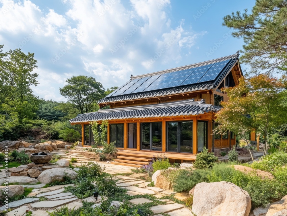 Modern dwelling with solar panels and traditional architectural influences is beautiful Modern dwelling with solar panels and traditional architectural influences is beautiful