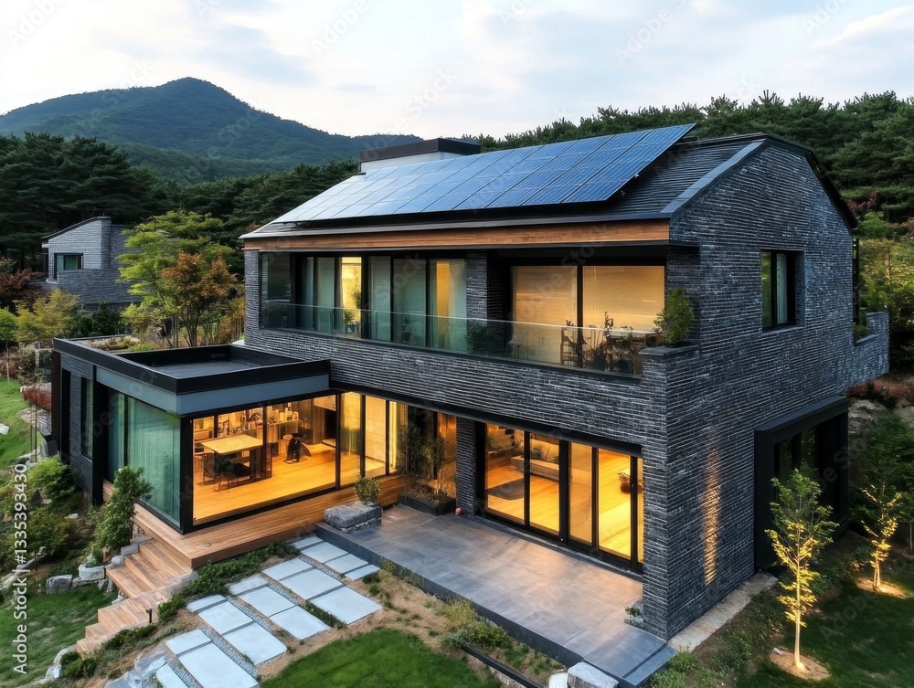A modern contemporary home with solar panels and natural surroundings A modern contemporary home with solar panels and natural surroundings