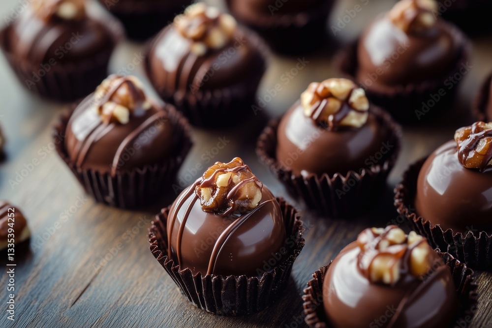 Assorted chocolate-covered candies featuring a nut filling are neatly arranged on a wooden surface. Assorted chocolate-covered candies featuring a nut filling are neatly arranged on a wooden surface.