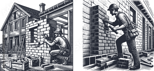 A Bricklayer Diligently Building the Walls of a House – Engraving & Linocut Design architecture theme