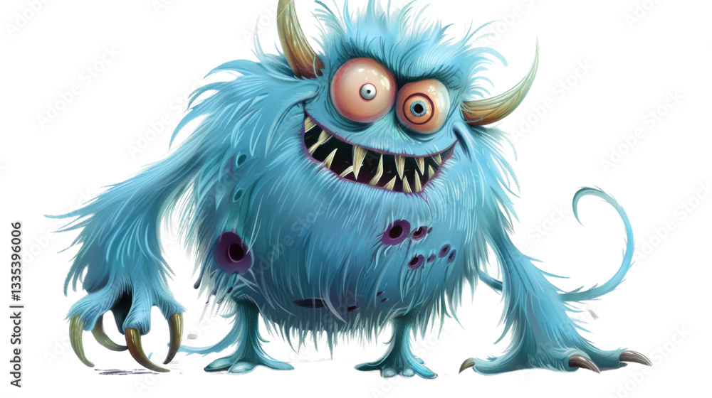 Fototapeta premium Scary blue monster with big teeth and transparent background
