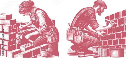 color A Bricklayer Diligently Building the Walls of a House – Engraving & Linocut Design architecture theme hard work 