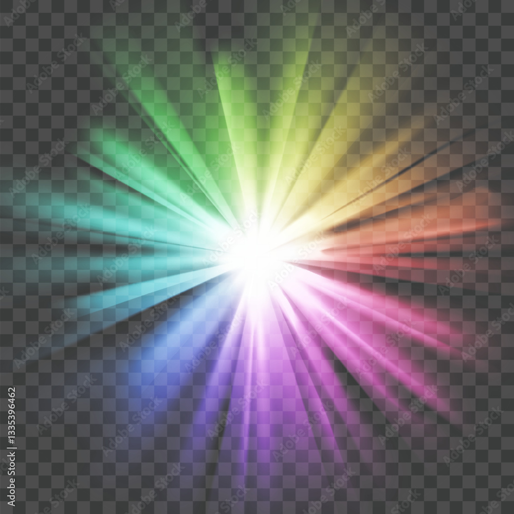 Glowing light burst, rainbow red yellow and blue color. Optical fire light effect. png Vector lens glare leakage glare reflection effect.
