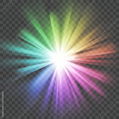 Obraz na płótnie Glowing light burst, rainbow red yellow and blue color. Optical fire light effect. png Vector lens glare leakage glare reflection effect. w salonie