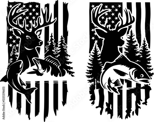 Deer fish tree scene on American flag