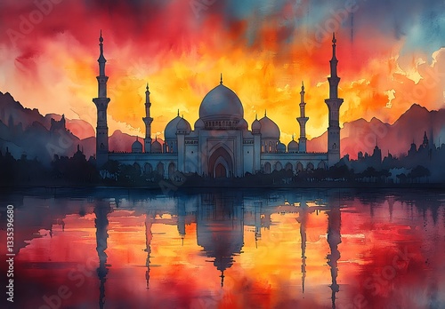 Silhouetted Mosque with Domes and Minarets Against Vibrant Sunset and Mountain Reflections

