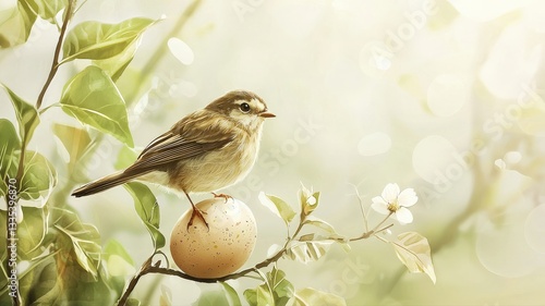 A delicate hand-drawn sketch of a small bird perched on an Easter egg, surrounded by soft green leaves and gentle spring light, evoking a peaceful and nostalgic seasonal charm.