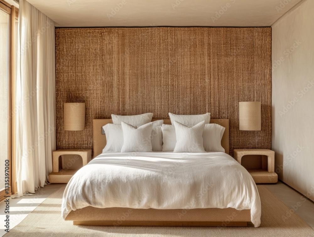 A well lit bedroom displays a simple bed and woven wall A well lit bedroom displays a simple bed and woven wall