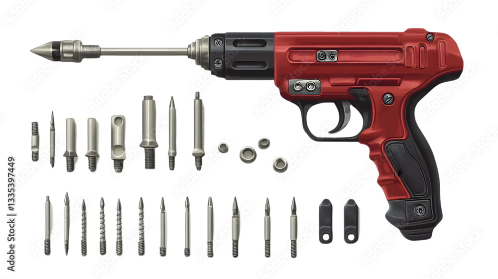 Red Electric Drill with Interchangeable Bits and Attachments for Precision Work Red Electric Drill with Interchangeable Bits and Attachments for Precision Work