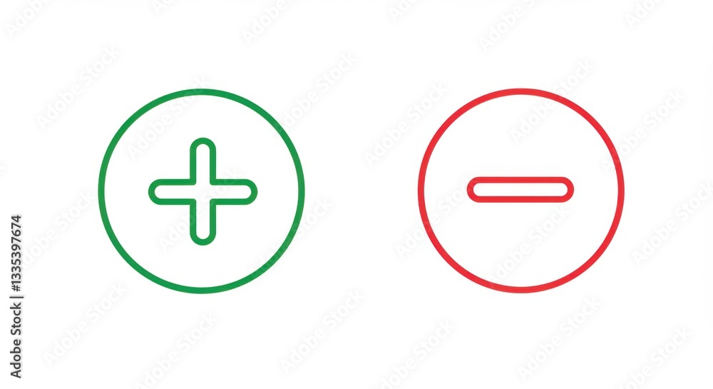 Green Plus and Red Minus Thin Line Vector Icons Green Plus and Red Minus Thin Line Vector Icons
