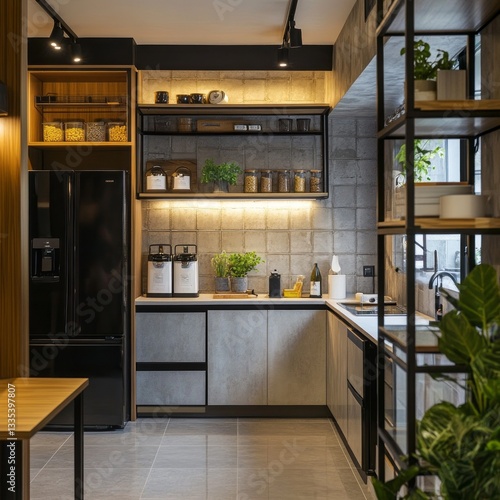 Modern kitchen design with shelving and black appliances showcased here