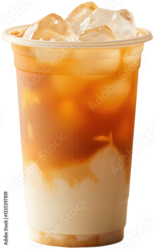 Realistic iced milk tea in a transparent plastic cup filled with ice cubes, creamy texture with layers of tea and milk swirling