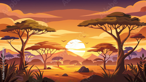 A vast savanna under a golden sunset, with acacia trees silhouetted against the sky