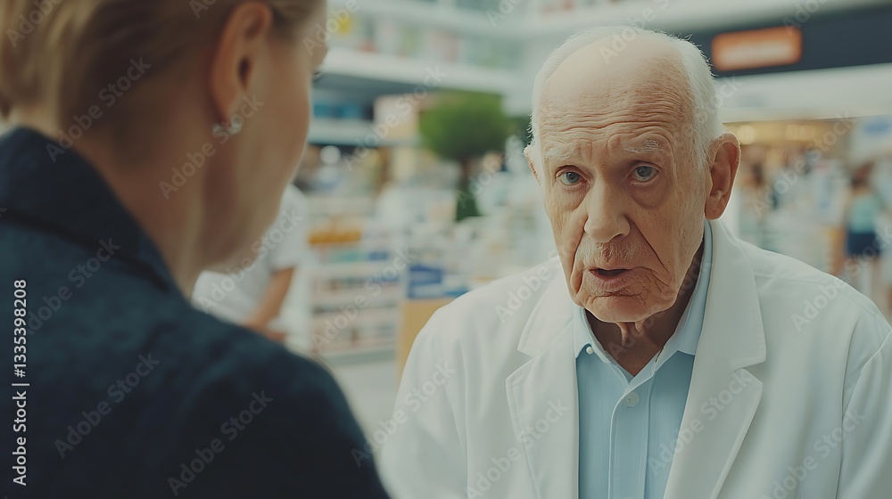 Obraz premium Senior pharmacist consulting a customer.
