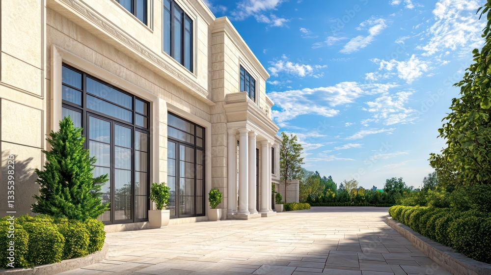 A modern luxury home featuring a beige stone facade, large windows, and a neo-classical design A modern luxury home featuring a beige stone facade, large windows, and a neo-classical design