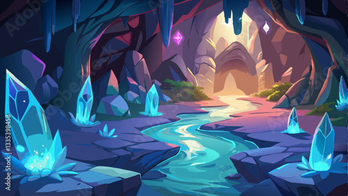 mystical cave illuminated by glowing crystals, with an underground river flowing gently and shadows dancing on the ancient rock walls.