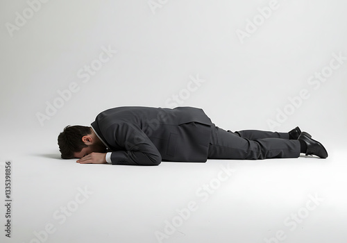 A tired businessman in a suit is lying face down on the floor in a state of exhaustion.