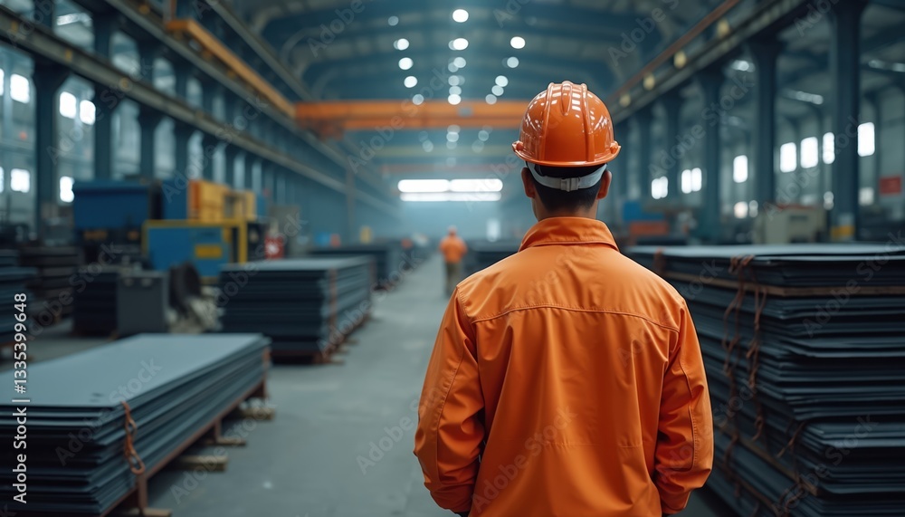 Back view of worker in orange reflective jacket, safety helmet inside steel factory. Man surrounded by metal sheets, industrial machinery at manufacturing plant. Heavy industry, steel production, Back view of worker in orange reflective jacket, safety helmet inside steel factory. Man surrounded by metal sheets, industrial machinery at manufacturing plant. Heavy industry, steel production,
