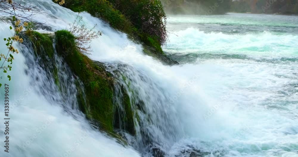 Majestic waterfall cascades at sunrise near a tranquil river in a serene natural setting Majestic waterfall cascades at sunrise near a tranquil river in a serene natural setting