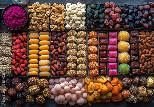 Colorful Assortment of Sweets, Dried Fruits, Nuts, and Candies on Decorative Trays

