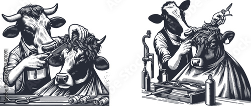Whimsical Linocut Engraving: A Cow Stylist Trims Another Cow’s Hair in a Charming Barnyard Salon – Rustic Handcrafted Print Design funny theme