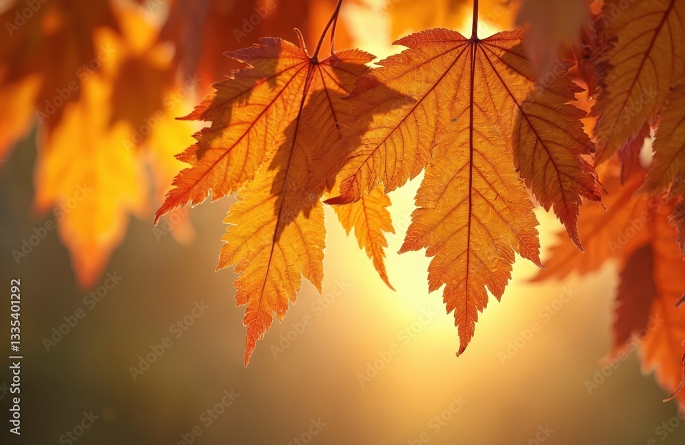 Backlit autumn leaves background. Close-up colorful vibrant gold foliage, texture, details. Sunlight creates transparent silhouette, curves, veins on orange, yellow leaf. Bright seasonal botanical Backlit autumn leaves background. Close-up colorful vibrant gold foliage, texture, details. Sunlight creates transparent silhouette, curves, veins on orange, yellow leaf. Bright seasonal botanical
