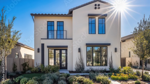 A modern two-story home with light cream stucco walls, dark window frames, and steel accents, set against a well-kept front yard with plants and shrubs