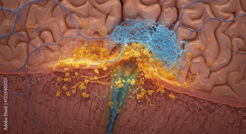 3D Digital Illustration of Neurodegeneration with Beta-Amyloid Plaques and Tau Tangles