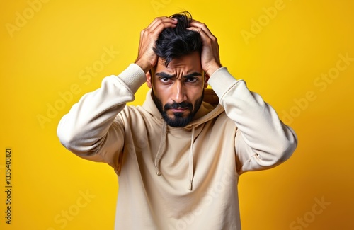 Sad Indian man feels hopelessness, nervous breakdown. Attractive Arabian guy loses lottery, suffers from bad fortune, unlucky news. He holds head, looks at camera isolated on yellow background.