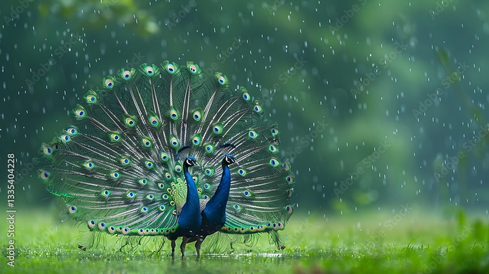 Obraz premium Two vibrant peacocks display their colorful feathers in a gentle rain, creating a stunning natural spectacle.