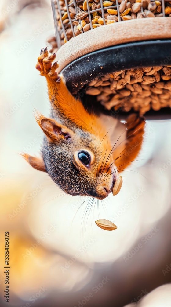 Obraz premium Upside Down Red Squirrel at Bird Feeder