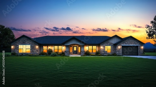 A peaceful single-story ranch-style house with stone accents and expansive windows, illuminated at night