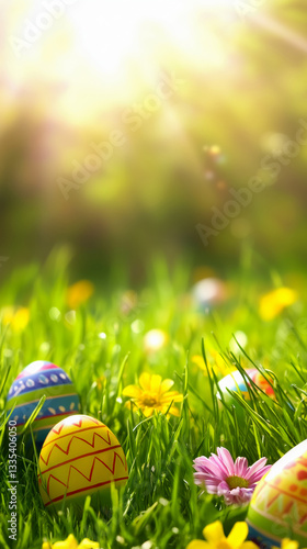 Colorful hand-painted Easter Eggs rest in lush green grass, surrounded by bright yellow and pink wildflowers. Sunlight spring morning. Blurred background. Vertical, side view.