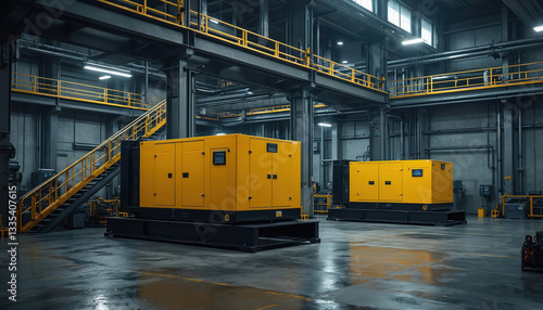 Two yellow diesel generators stand in factory room ready for emergency use. Powerful electricity generators on standby ensure reliable power supply. Industrial machinery equipment in plant guarantee