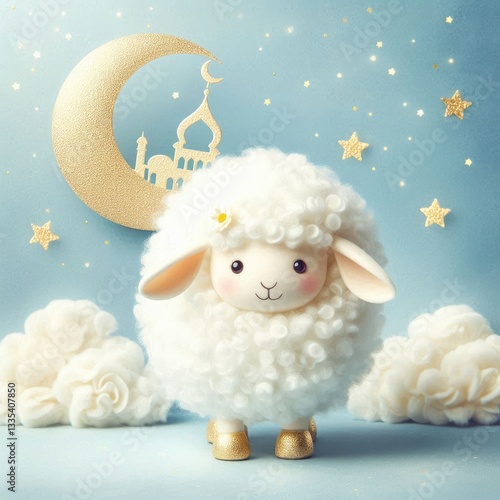 Wallpaper Mural A fluffy white sheep with a mosque shape and soft fluffy clouds Eid Al-Adha concept Torontodigital.ca